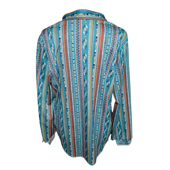 Trissi 90s Teal Aztec Southwest Button Front Blouse Tribal Print Boho Top Large - Picture 3 of 6
